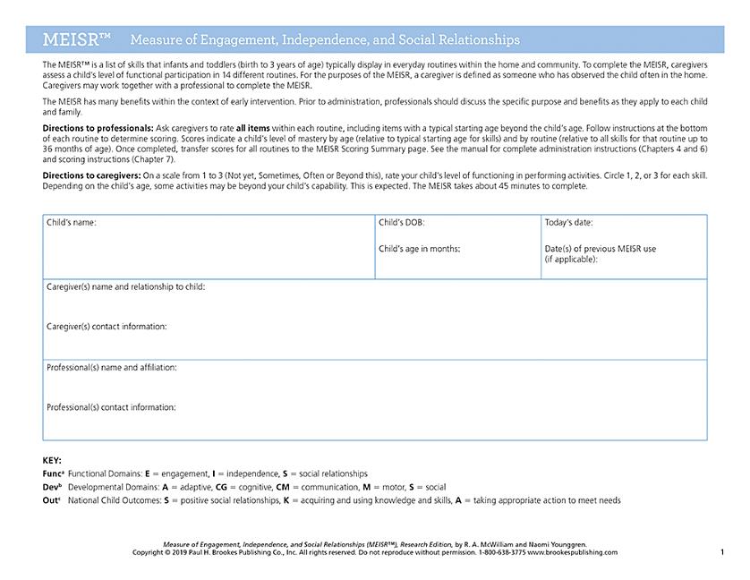 Measure of Engagement, Independence, and Social Relationships (Meisr(tm))