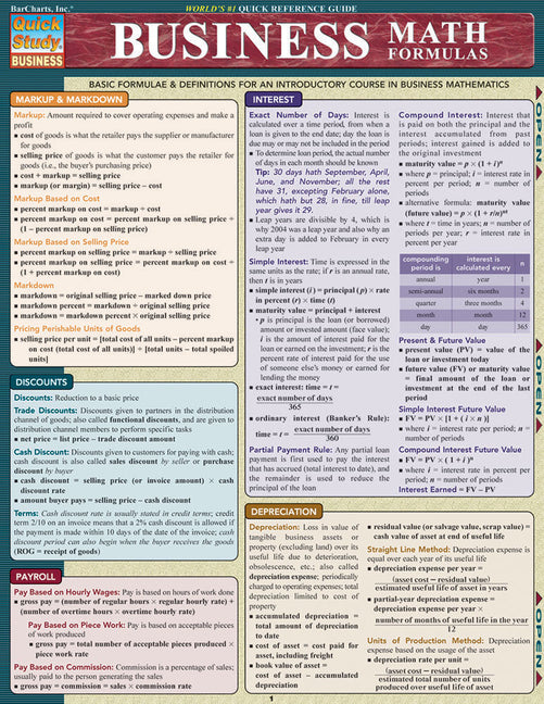Business Math Formulas: Quickstudy Laminated Reference Guide