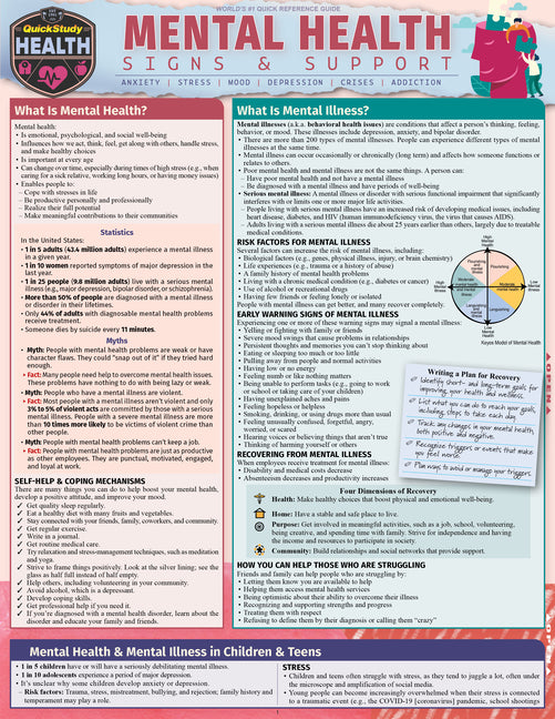 Mental Health - Signs & Support: A Quickstudy Laminated Reference Guide (First Edition, New)