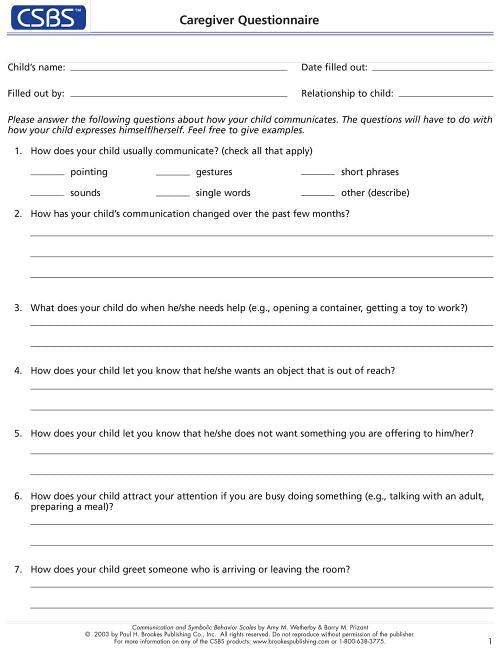 Communication and Symbolic Behavior Scales (Csbs), Normed Edition, Record Forms and Caregiver Questionnaires (Ment/Csbs/">Csbs System</A>)